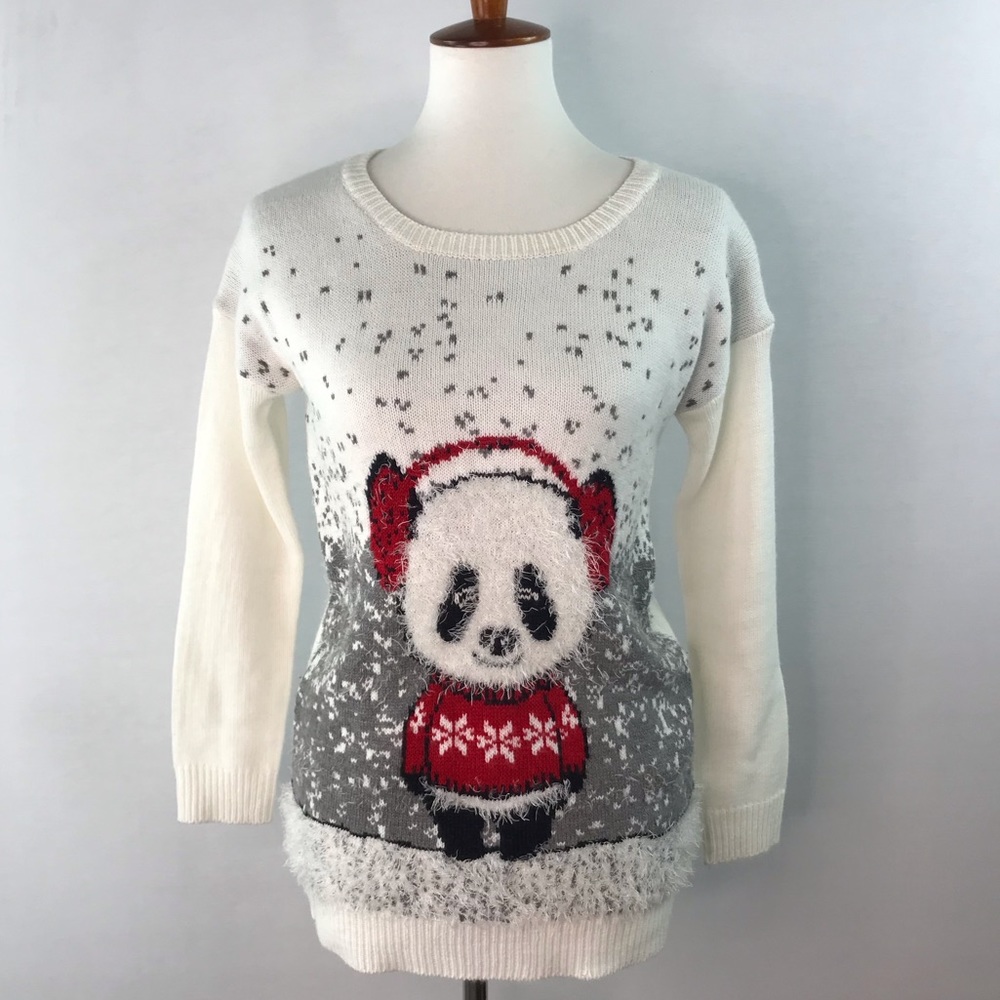 NY Collection Ivory Panda Winter Sweater Size XS